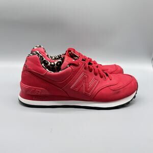 New Balance Shoes Womens 7.5 Red White 574 Leather Leopard Print Casual Sneakers